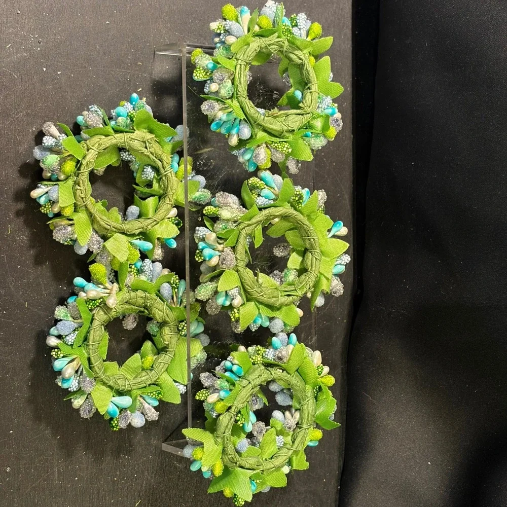 Set of 5 Teal and Green Beaded Berry Floral Napkin Rings Spring Garden Decor